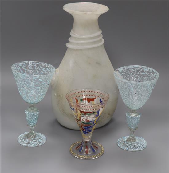 A pair of Venetian glass goblets, one other and a Roman style vase 31.5cm